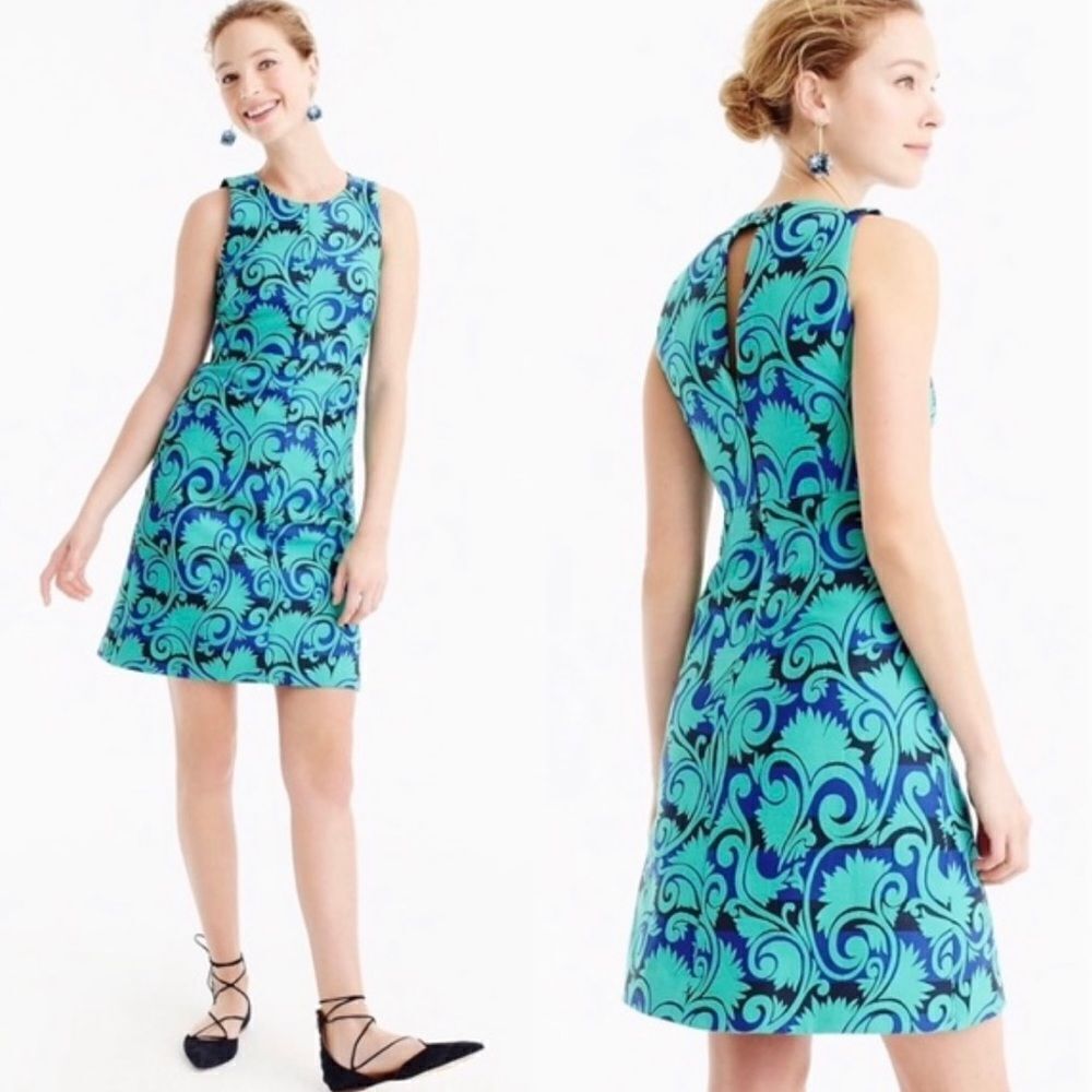J. Crew Jacquard Green & Blue A-Line Sleeveless Dress Size 2